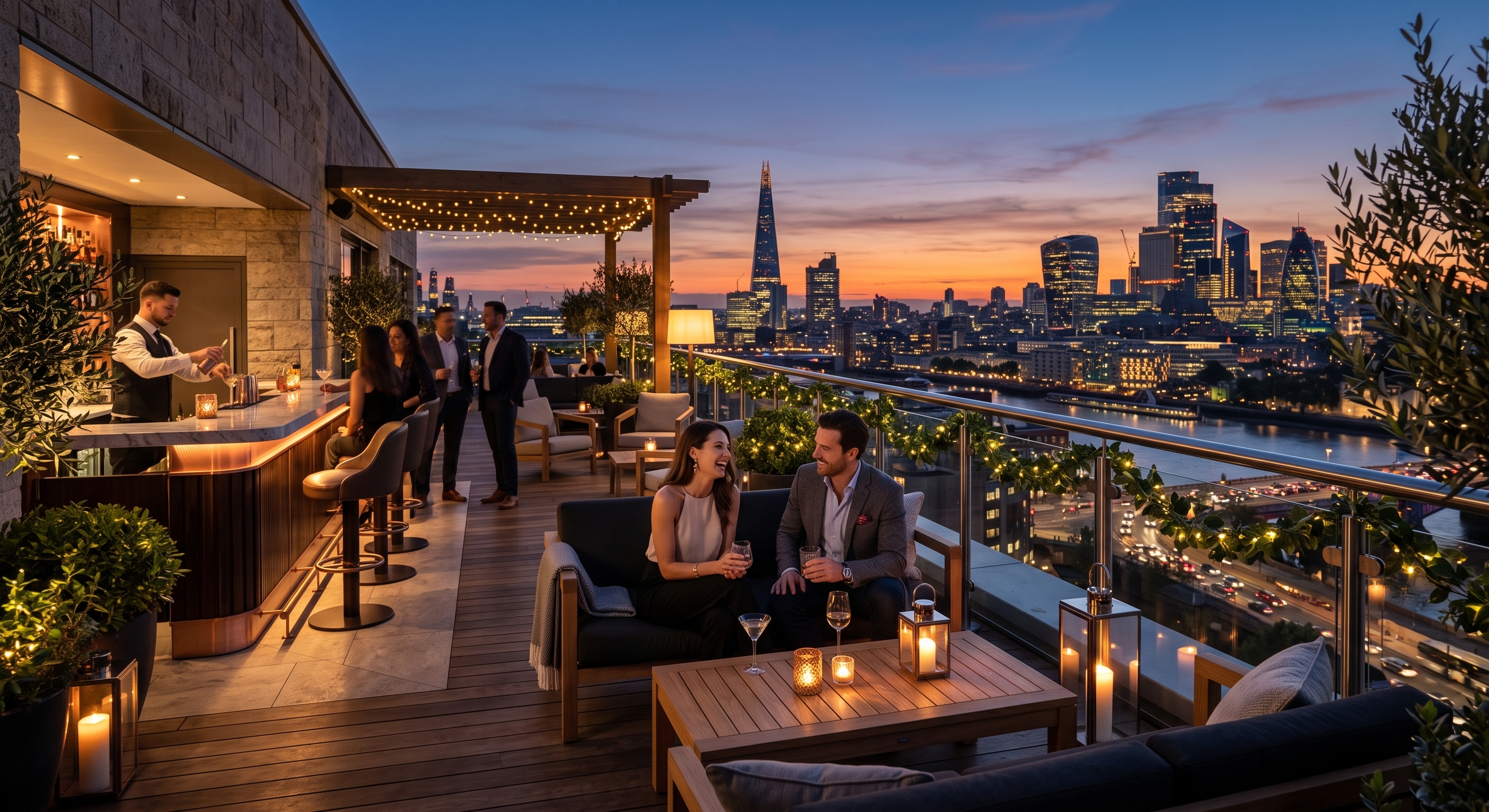 Guests on the Sundown rooftop terrace at dusk, city skyline and river beyond
